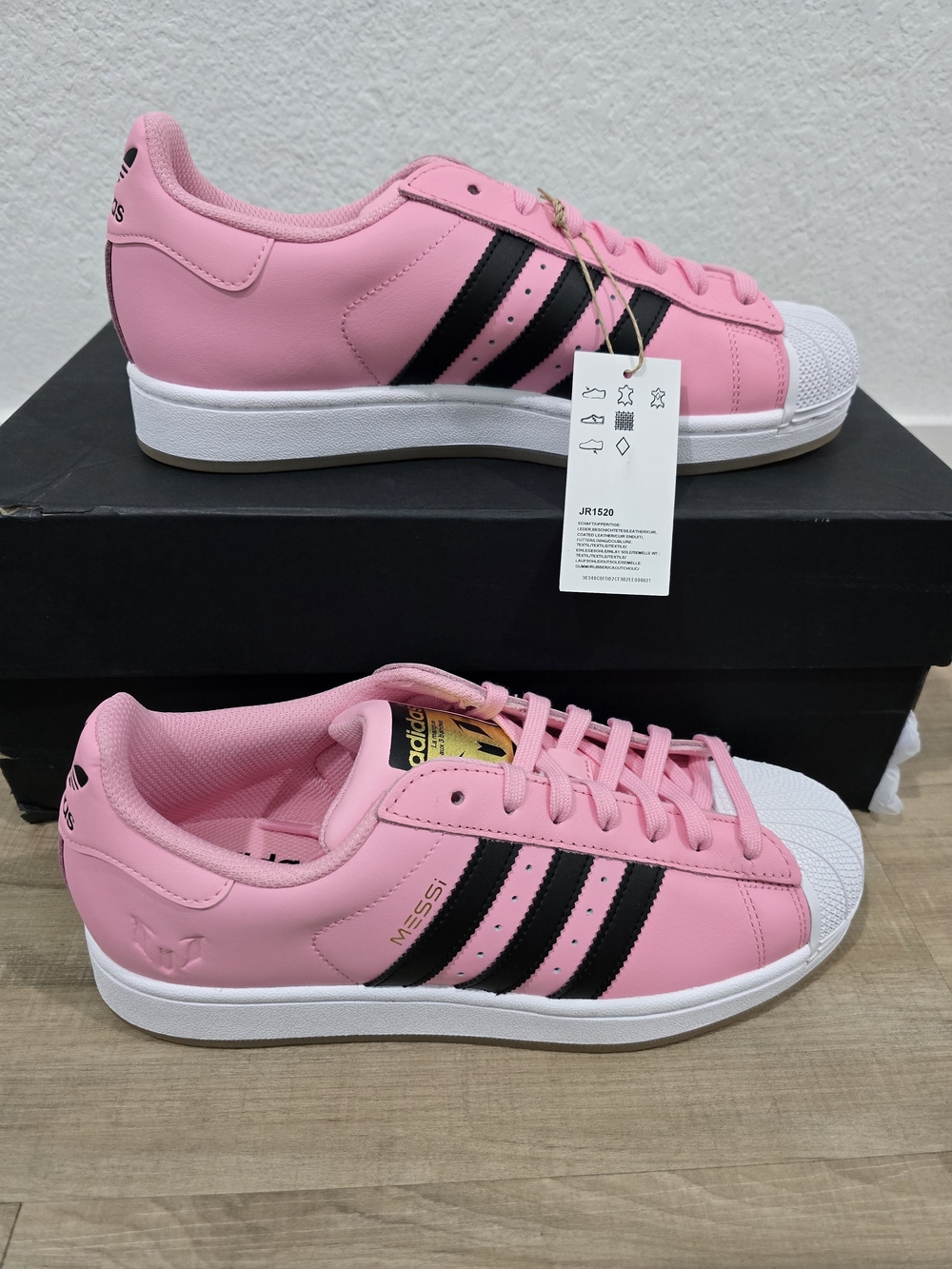 Adidas Messi Women's Pink Superstar Sneakers with Black Stripes